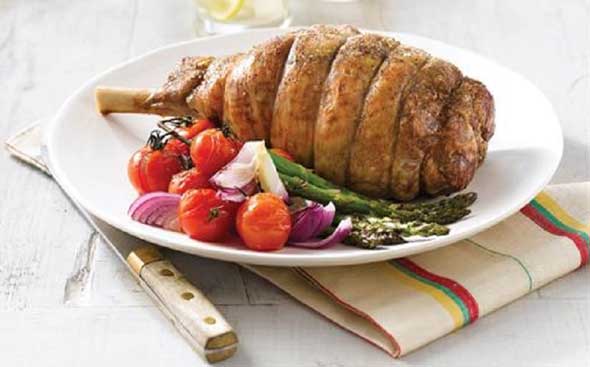 Roast Lamb with roasted tomatoes and asparagus