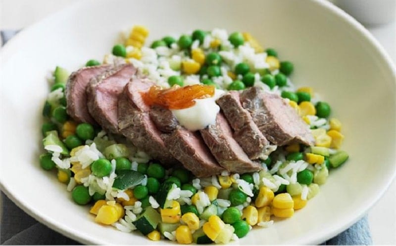 Yoghurt and chutney marinated lamb rump steaks with rice salad